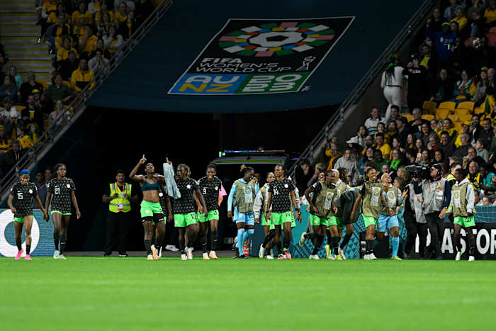 Nigeria players pictured celebrating a goal during their 3-2 win over Australia at the 2023 FIFA Women's World Cup